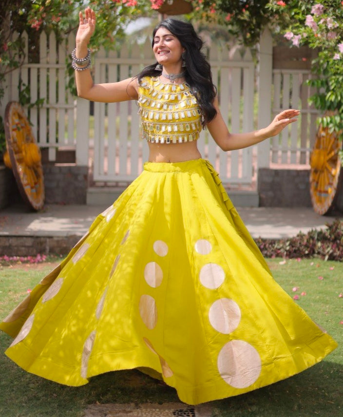 Parrot Pure Roman Silk With Attractive Round Gota Pattern Navratri Lehenga Choli