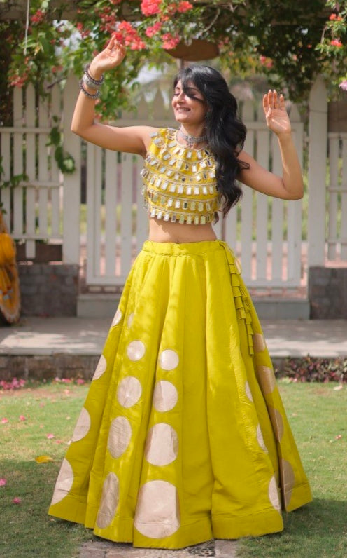 Parrot Pure Roman Silk With Attractive Round Gota Pattern Navratri Lehenga Choli