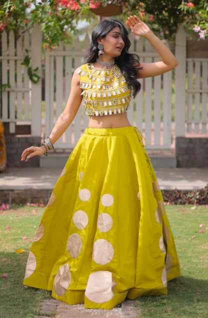 Parrot Pure Roman Silk With Attractive Round Gota Pattern Navratri Lehenga Choli