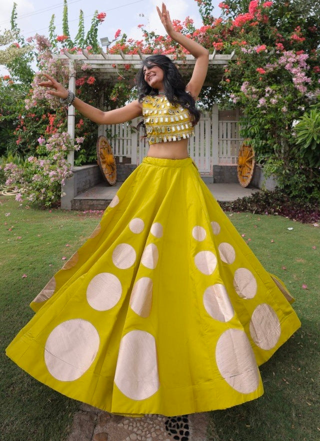 Parrot Pure Roman Silk With Attractive Round Gota Pattern Navratri Lehenga Choli