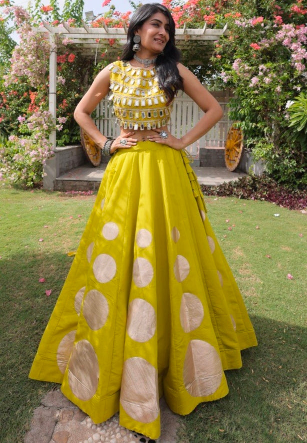 Parrot Pure Roman Silk With Attractive Round Gota Pattern Navratri Lehenga Choli