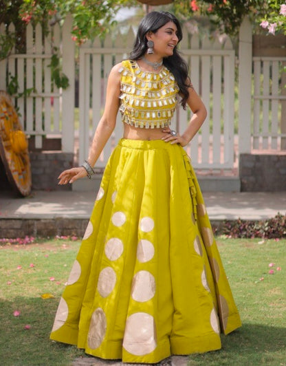 Parrot Pure Roman Silk With Attractive Round Gota Pattern Navratri Lehenga Choli