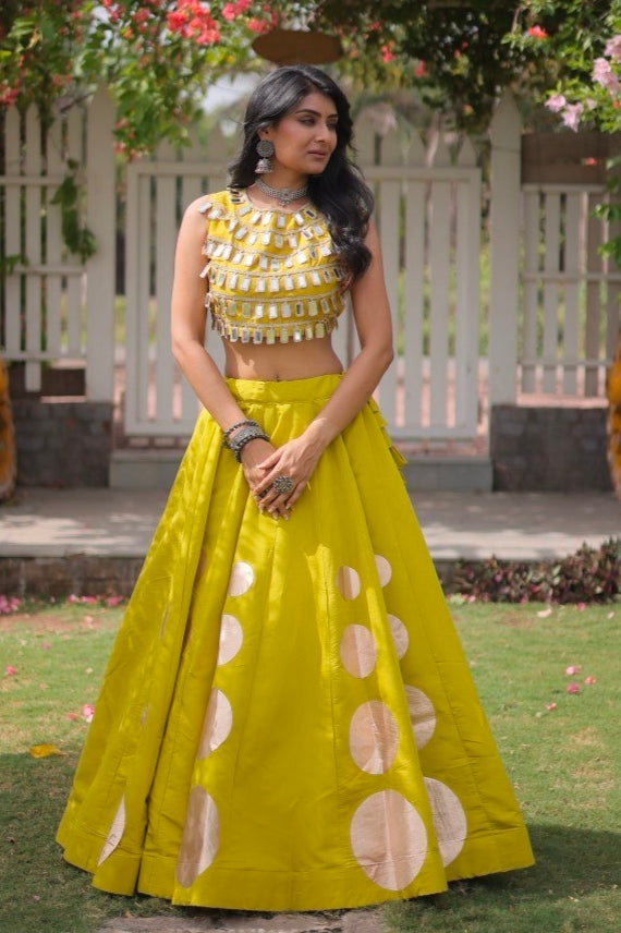 Parrot Pure Roman Silk With Attractive Round Gota Pattern Navratri Lehenga Choli