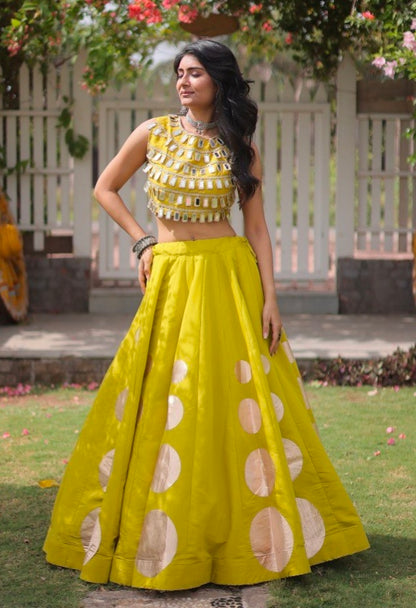 Parrot Pure Roman Silk With Attractive Round Gota Pattern Navratri Lehenga Choli