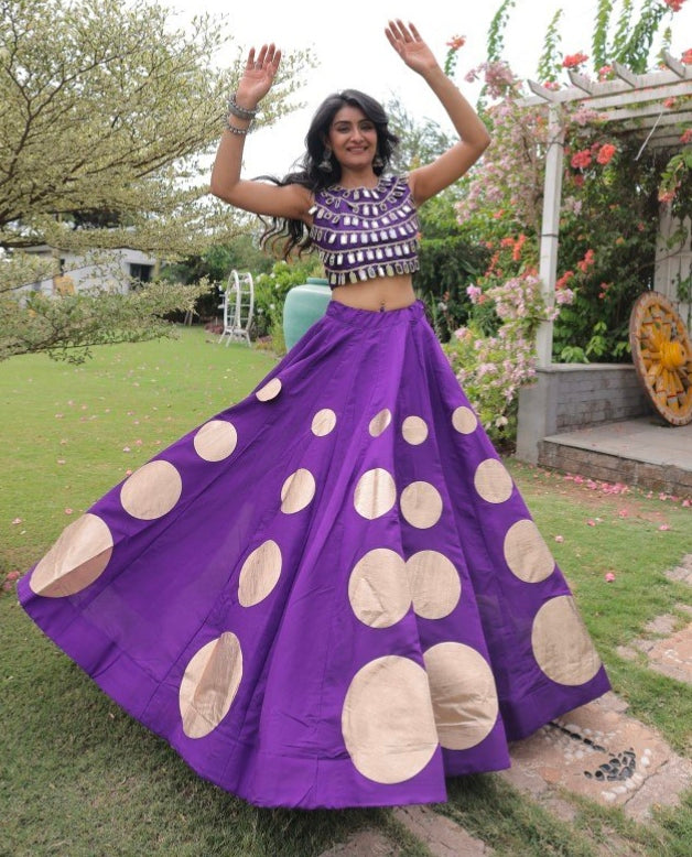 Purple Pure Roman Silk With Attractive Round Gota Pattern Navratri Lehenga Choli