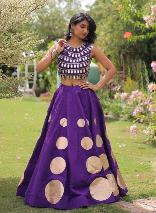 Purple Pure Roman Silk With Attractive Round Gota Pattern Navratri Lehenga Choli