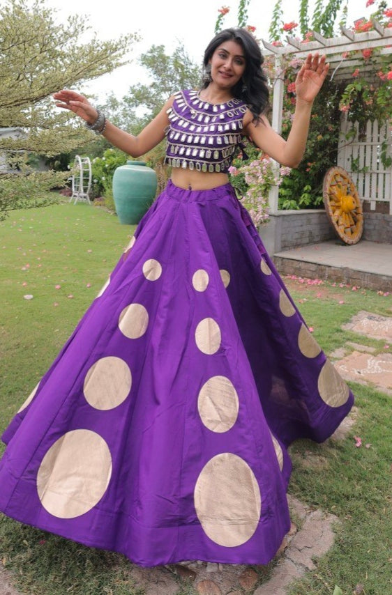 Purple Pure Roman Silk With Attractive Round Gota Pattern Navratri Lehenga Choli
