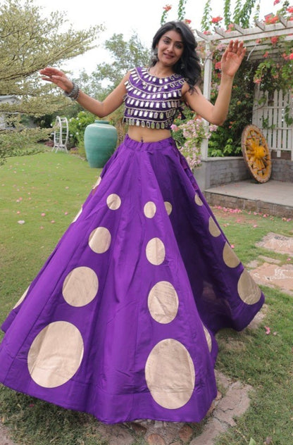 Purple Pure Roman Silk With Attractive Round Gota Pattern Navratri Lehenga Choli