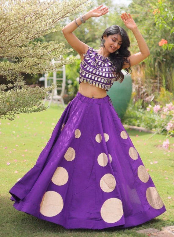 Purple Pure Roman Silk With Attractive Round Gota Pattern Navratri Lehenga Choli