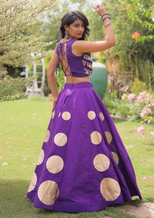 Purple Pure Roman Silk With Attractive Round Gota Pattern Navratri Lehenga Choli
