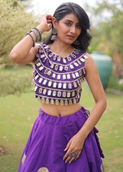 Purple Pure Roman Silk With Attractive Round Gota Pattern Navratri Lehenga Choli