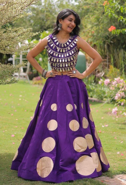 Purple Pure Roman Silk With Attractive Round Gota Pattern Navratri Lehenga Choli