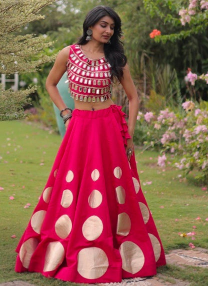 Pink Pure Roman Silk With Attractive Round Gota Pattern Navratri Lehenga Choli