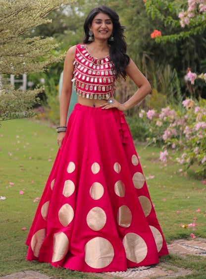 Pink Pure Roman Silk With Attractive Round Gota Pattern Navratri Lehenga Choli