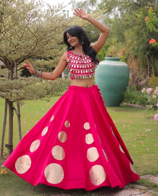 Pink Pure Roman Silk With Attractive Round Gota Pattern Navratri Lehenga Choli