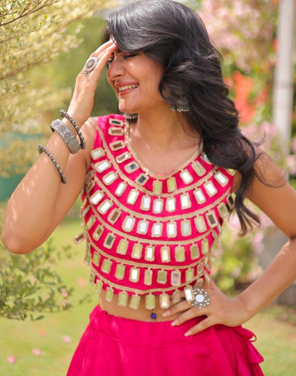 Pink Pure Roman Silk With Attractive Round Gota Pattern Navratri Lehenga Choli