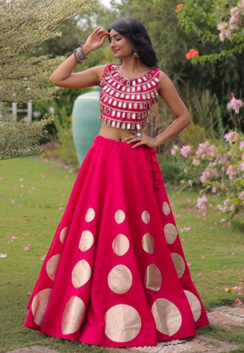 Pink Pure Roman Silk With Attractive Round Gota Pattern Navratri Lehenga Choli