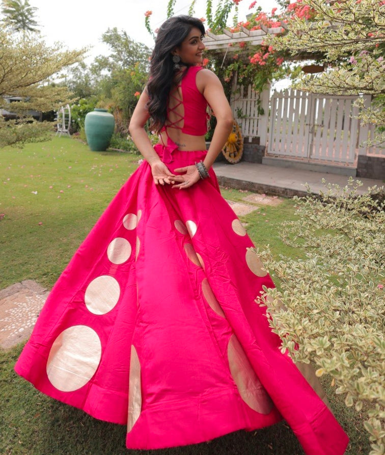 Pink Pure Roman Silk With Attractive Round Gota Pattern Navratri Lehenga Choli