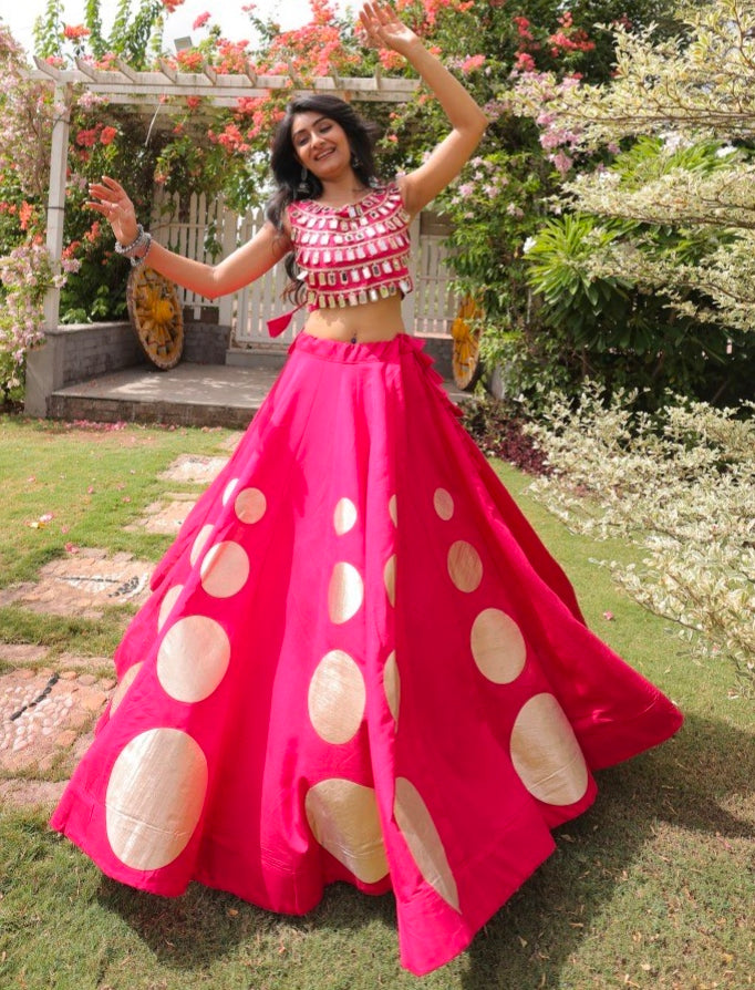 Pink Pure Roman Silk With Attractive Round Gota Pattern Navratri Lehenga Choli