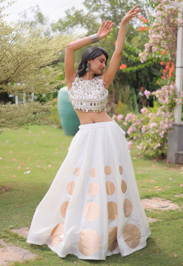 White Pure Roman Silk With Attractive Round Gota Pattern Navratri Lehenga Choli