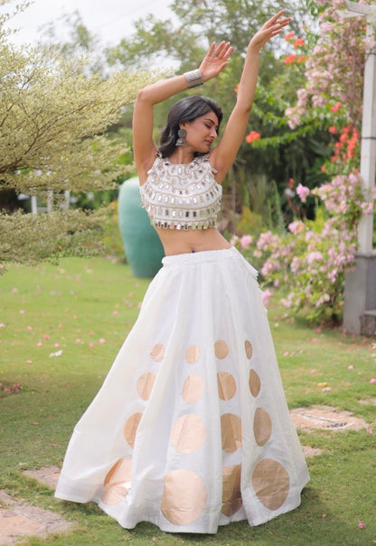 White Pure Roman Silk With Attractive Round Gota Pattern Navratri Lehenga Choli