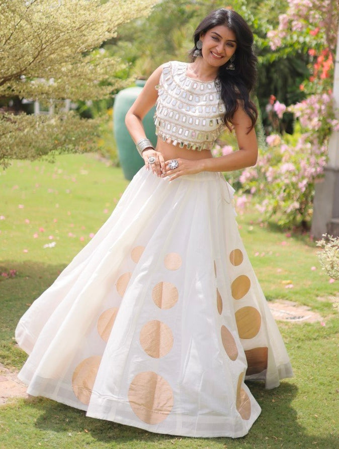 White Pure Roman Silk With Attractive Round Gota Pattern Navratri Lehenga Choli