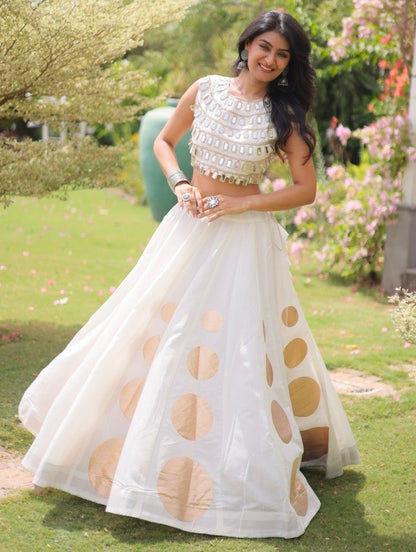 White Pure Roman Silk With Attractive Round Gota Pattern Navratri Lehenga Choli