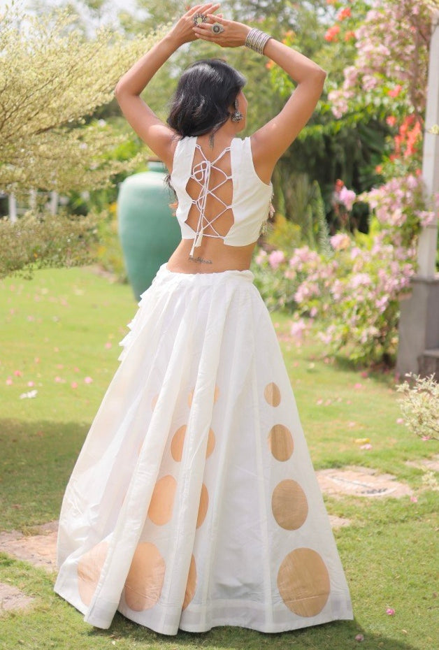 White Pure Roman Silk With Attractive Round Gota Pattern Navratri Lehenga Choli