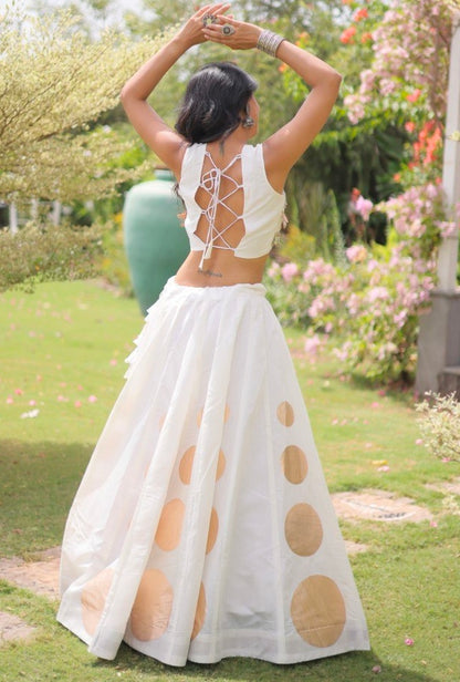 White Pure Roman Silk With Attractive Round Gota Pattern Navratri Lehenga Choli