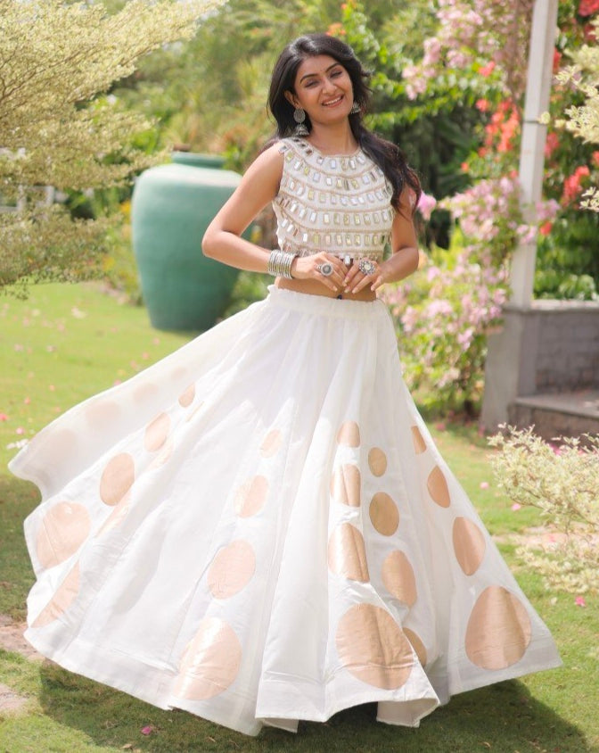 White Pure Roman Silk With Attractive Round Gota Pattern Navratri Lehenga Choli