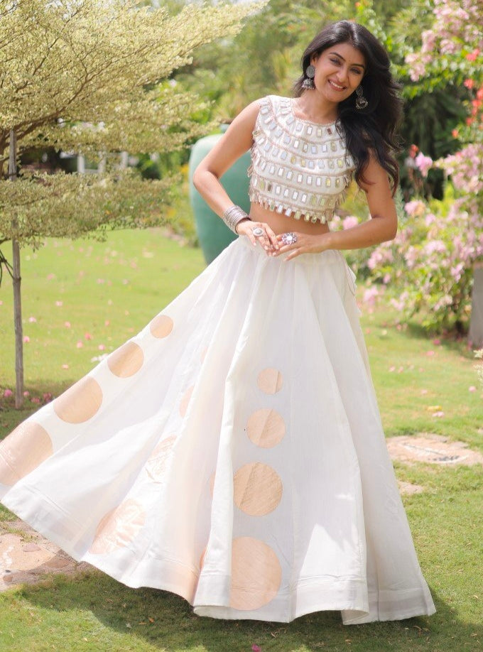 White Pure Roman Silk With Attractive Round Gota Pattern Navratri Lehenga Choli