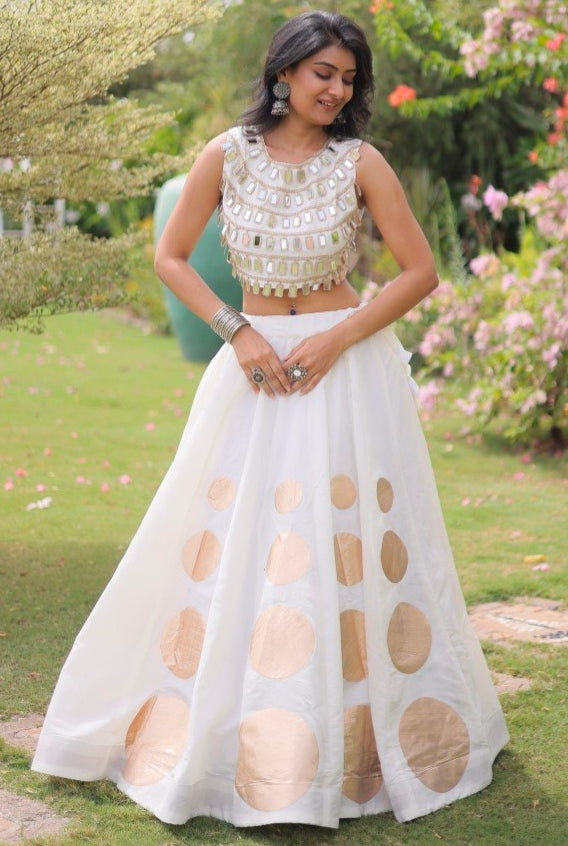 White Pure Roman Silk With Attractive Round Gota Pattern Navratri Lehenga Choli