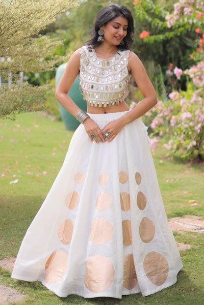 White Pure Roman Silk With Attractive Round Gota Pattern Navratri Lehenga Choli