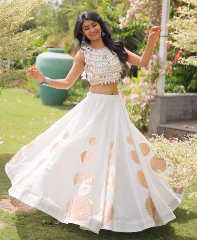 White Pure Roman Silk With Attractive Round Gota Pattern Navratri Lehenga Choli