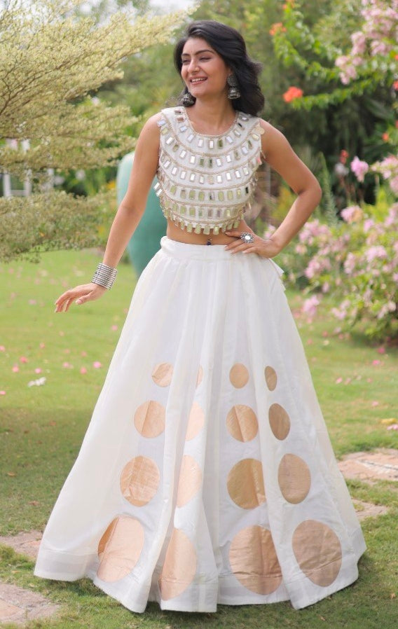 White Pure Roman Silk With Attractive Round Gota Pattern Navratri Lehenga Choli