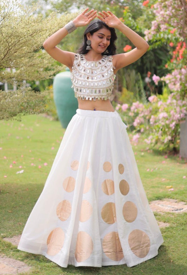 White Pure Roman Silk With Attractive Round Gota Pattern Navratri Lehenga Choli