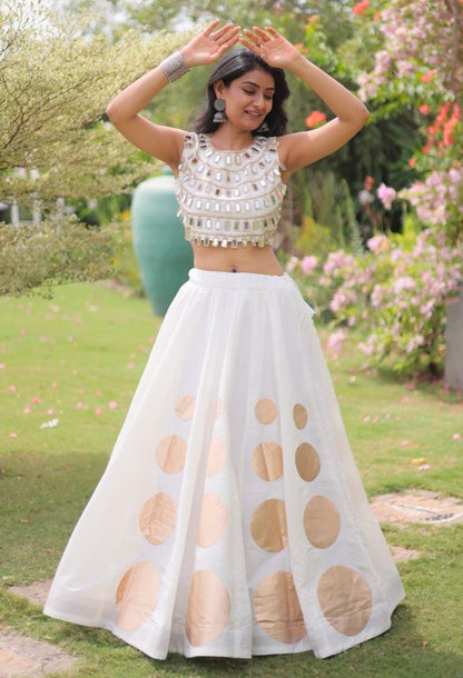 White Pure Roman Silk With Attractive Round Gota Pattern Navratri Lehenga Choli