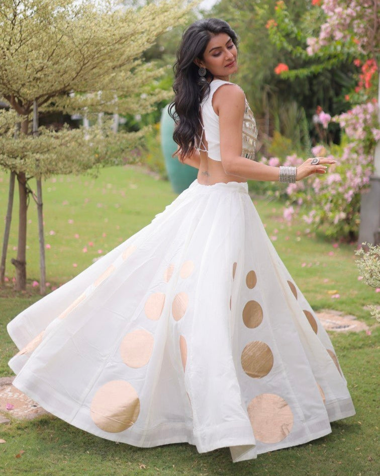 White Pure Roman Silk With Attractive Round Gota Pattern Navratri Lehenga Choli