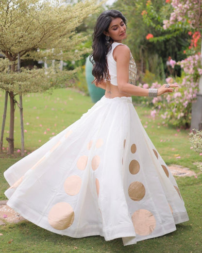 White Pure Roman Silk With Attractive Round Gota Pattern Navratri Lehenga Choli