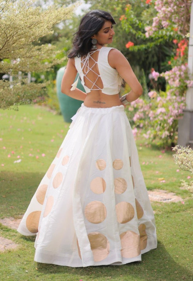 White Pure Roman Silk With Attractive Round Gota Pattern Navratri Lehenga Choli