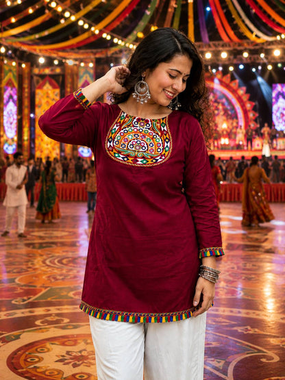 Maroon Pure Rayon With Gamthi Embroidery &amp; Real Mirror Readymade Kurti With Top