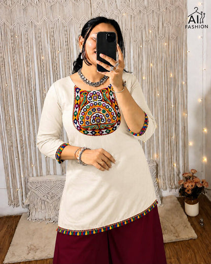 Cream Pure Rayon With Gamthi Embroidery &amp; Real Mirror Readymade Kurti With Top