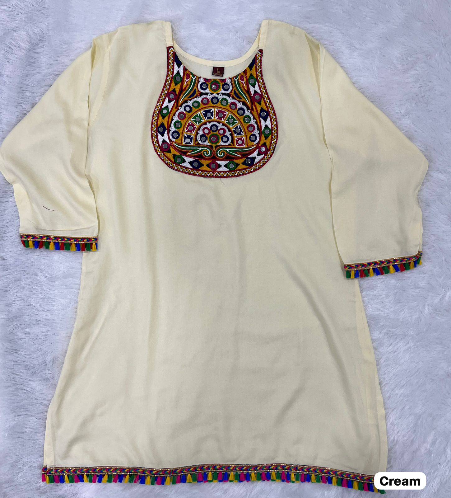 Cream Pure Rayon With Gamthi Embroidery &amp; Real Mirror Readymade Kurti With Top