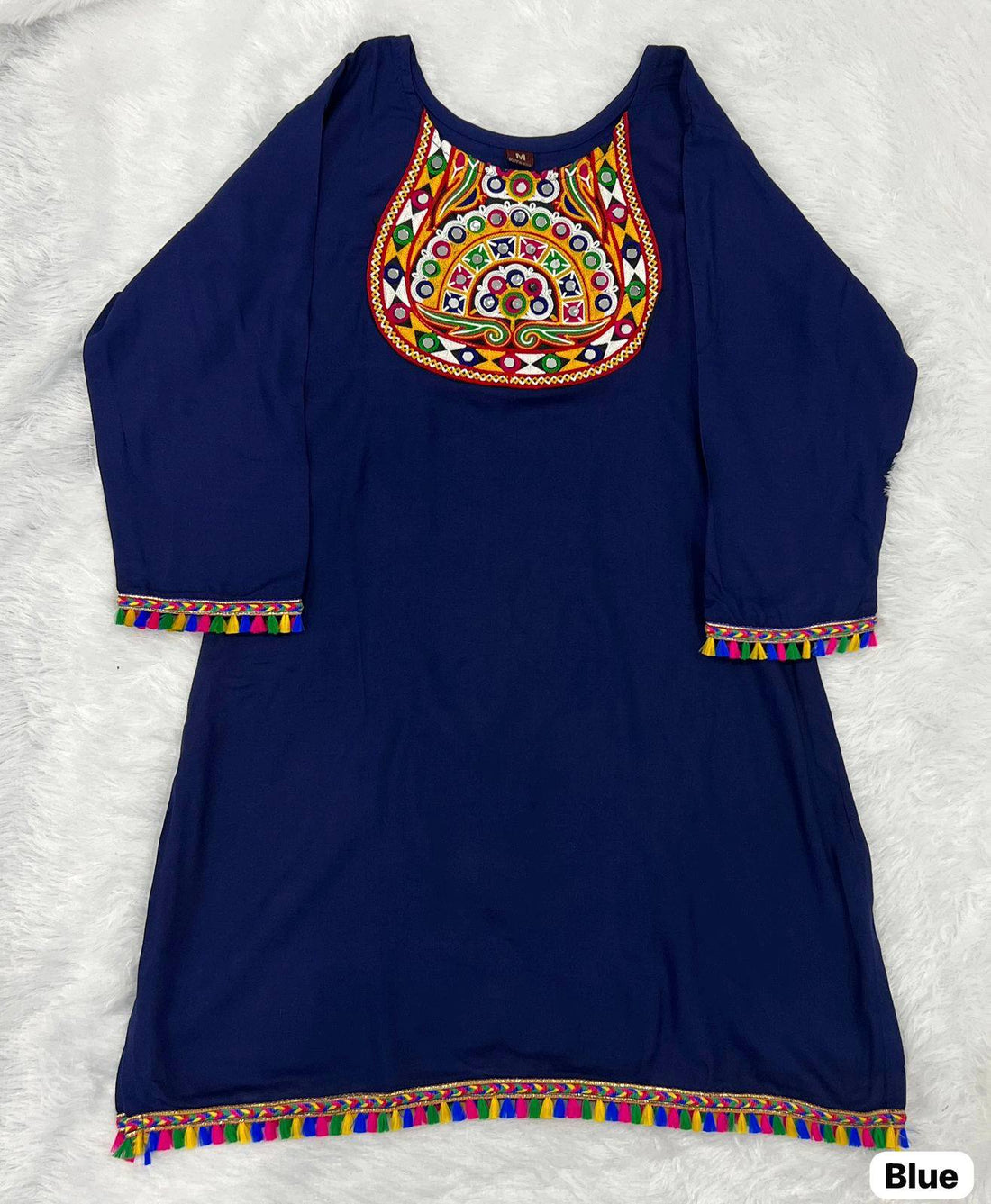 Navy Blue Pure Rayon With Gamthi Embroidery &amp; Real Mirror Readymade Kurti With Top