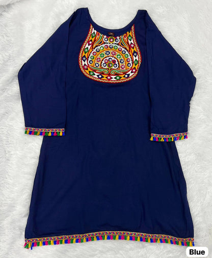 Navy Blue Pure Rayon With Gamthi Embroidery &amp; Real Mirror Readymade Kurti With Top