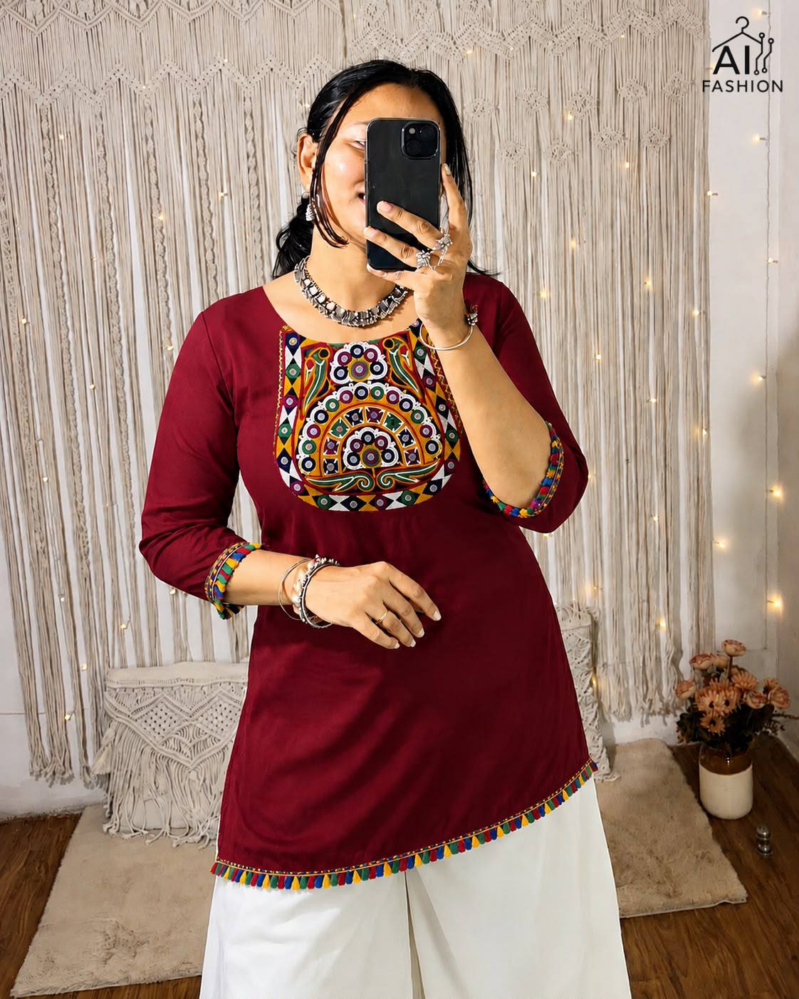 Maroon Pure Rayon With Gamthi Embroidery &amp; Real Mirror Readymade Kurti With Top