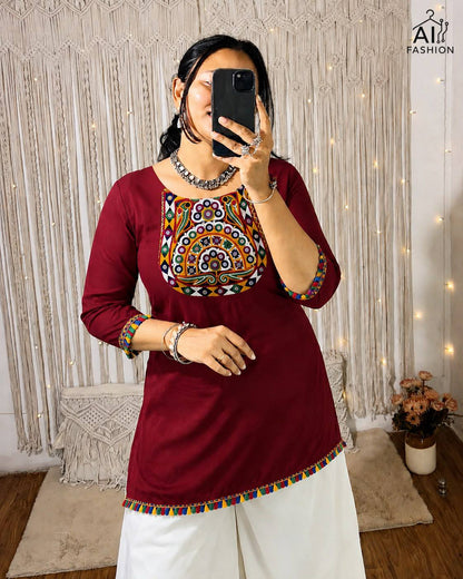 Maroon Pure Rayon With Gamthi Embroidery &amp; Real Mirror Readymade Kurti With Top