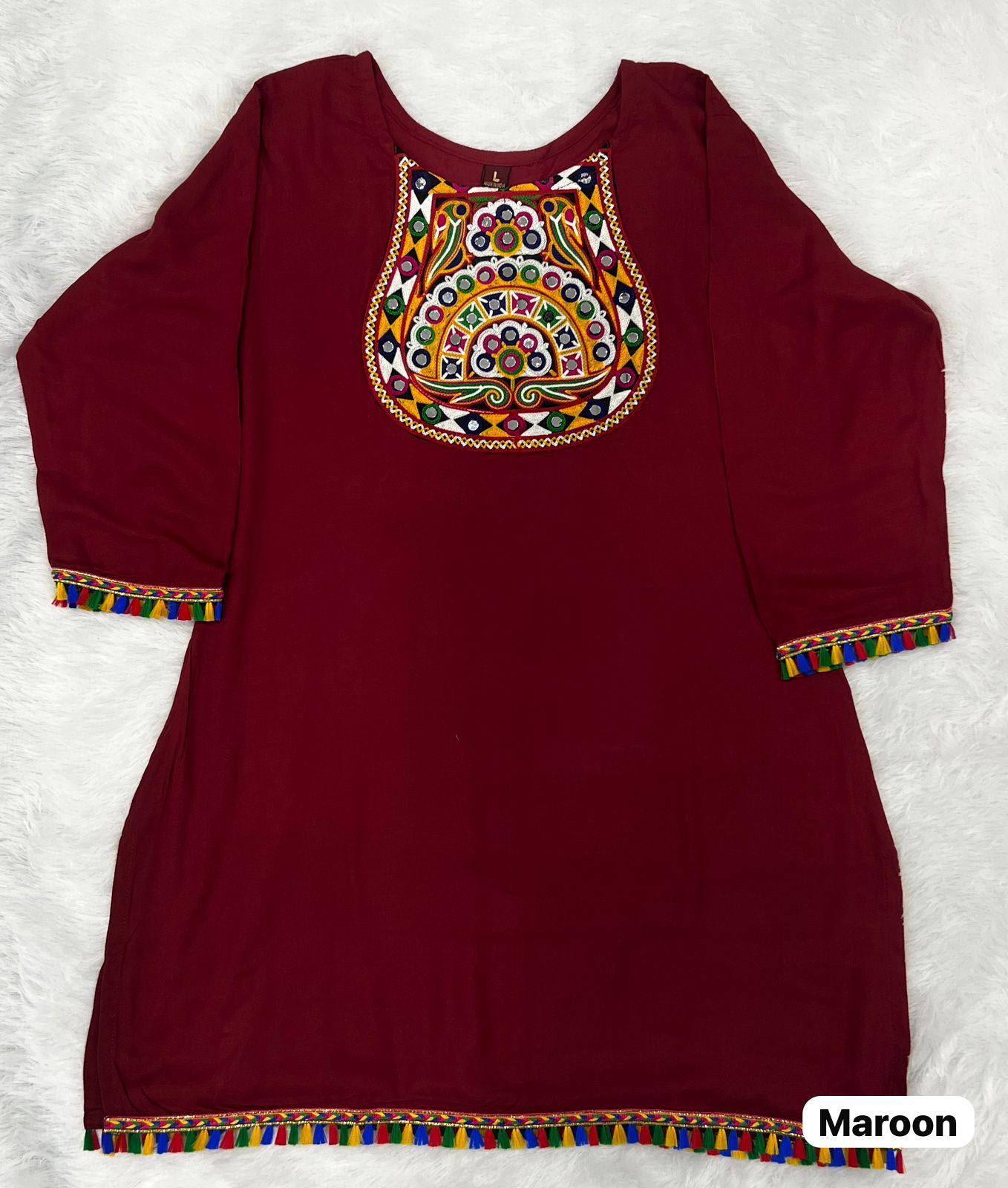Maroon Pure Rayon With Gamthi Embroidery &amp; Real Mirror Readymade Kurti With Top
