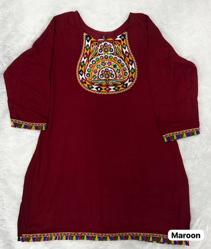 Maroon Pure Rayon With Gamthi Embroidery &amp; Real Mirror Readymade Kurti With Top