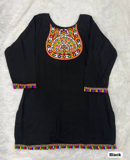 Black Pure Rayon With Gamthi Embroidery &amp; Real Mirror Readymade Kurti With Top